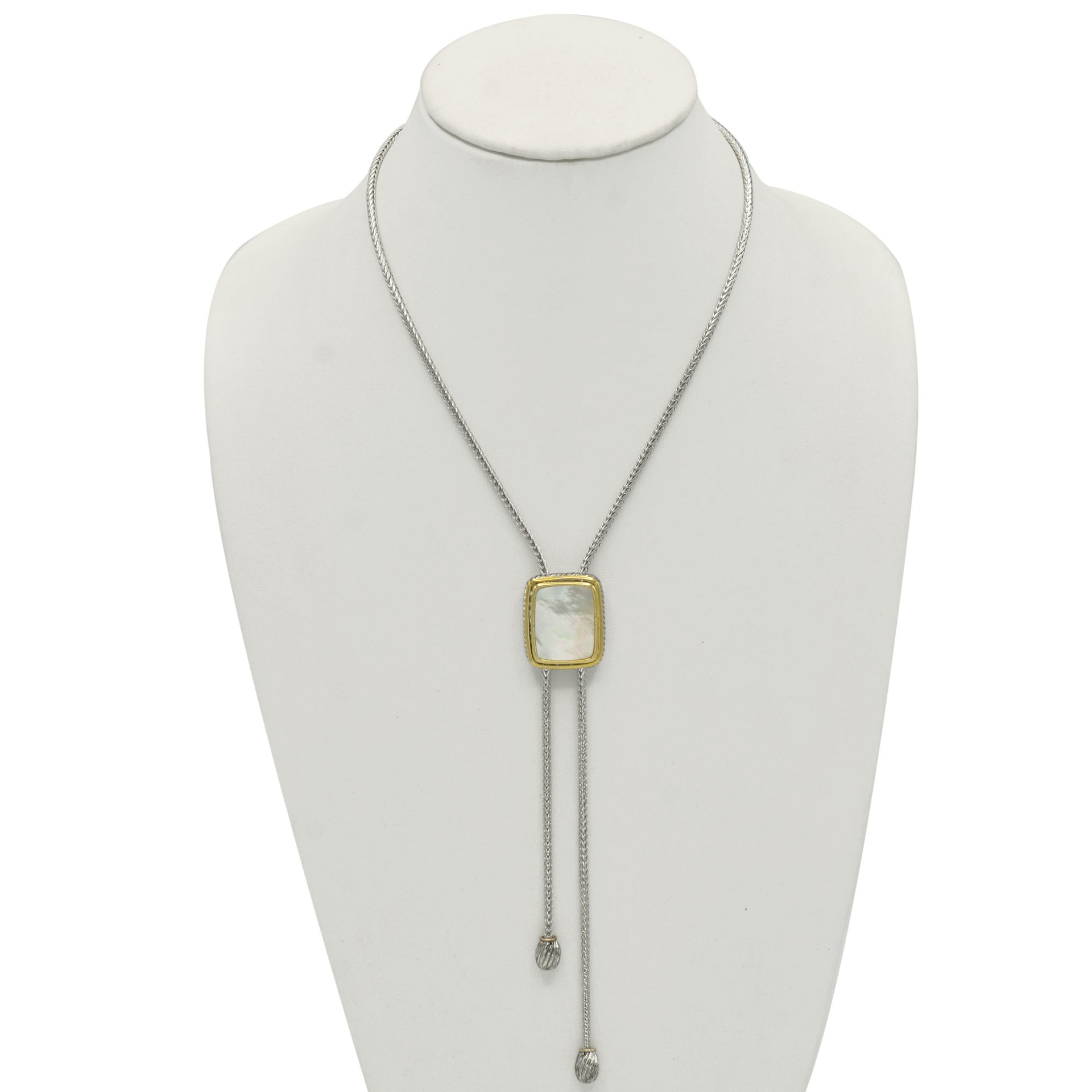TWO TONE MOTHER OF PEARL PENDANT ENGRAVED TASSEL NECKLACE #12505NK-MOP (FE18/FC18)