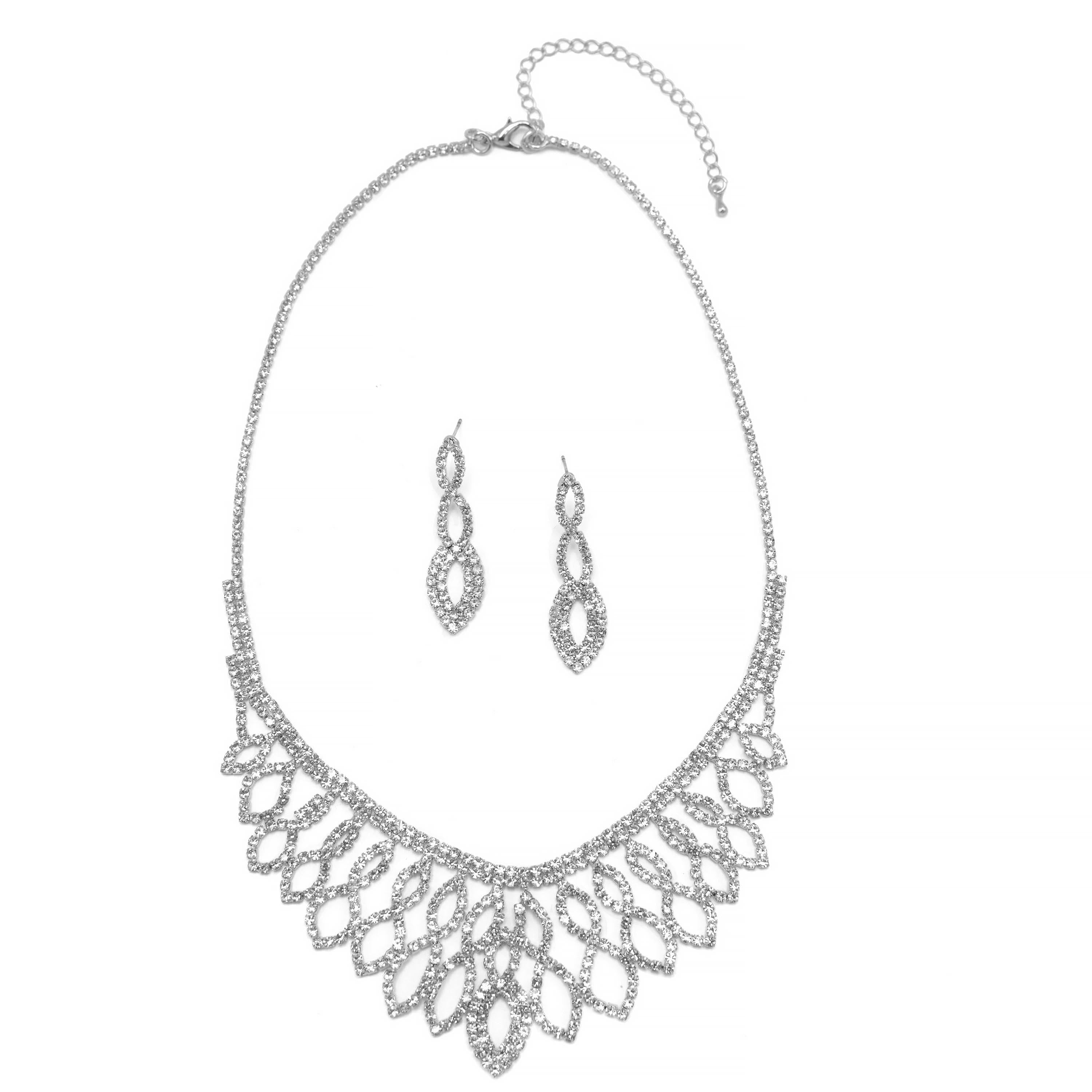 SILVER CRYSTAL CHOKER NECKLACE AND EARRINGS SET #SQ6027S
