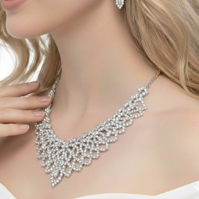 SILVER CRYSTAL CHOKER NECKLACE AND EARRINGS SET #SQ6027S