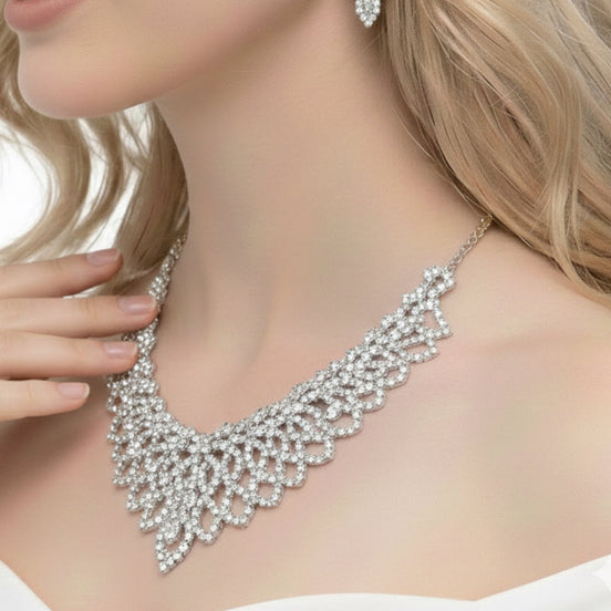 SILVER CRYSTAL CHOKER NECKLACE AND EARRINGS SET #SQ6027S