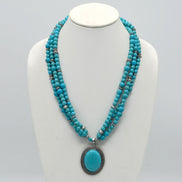 Antique Look Silver-Tone Multi-Strand Turquoise Beads And Oval Pendant Necklace #HNN88855-1 (LF22/DH4)