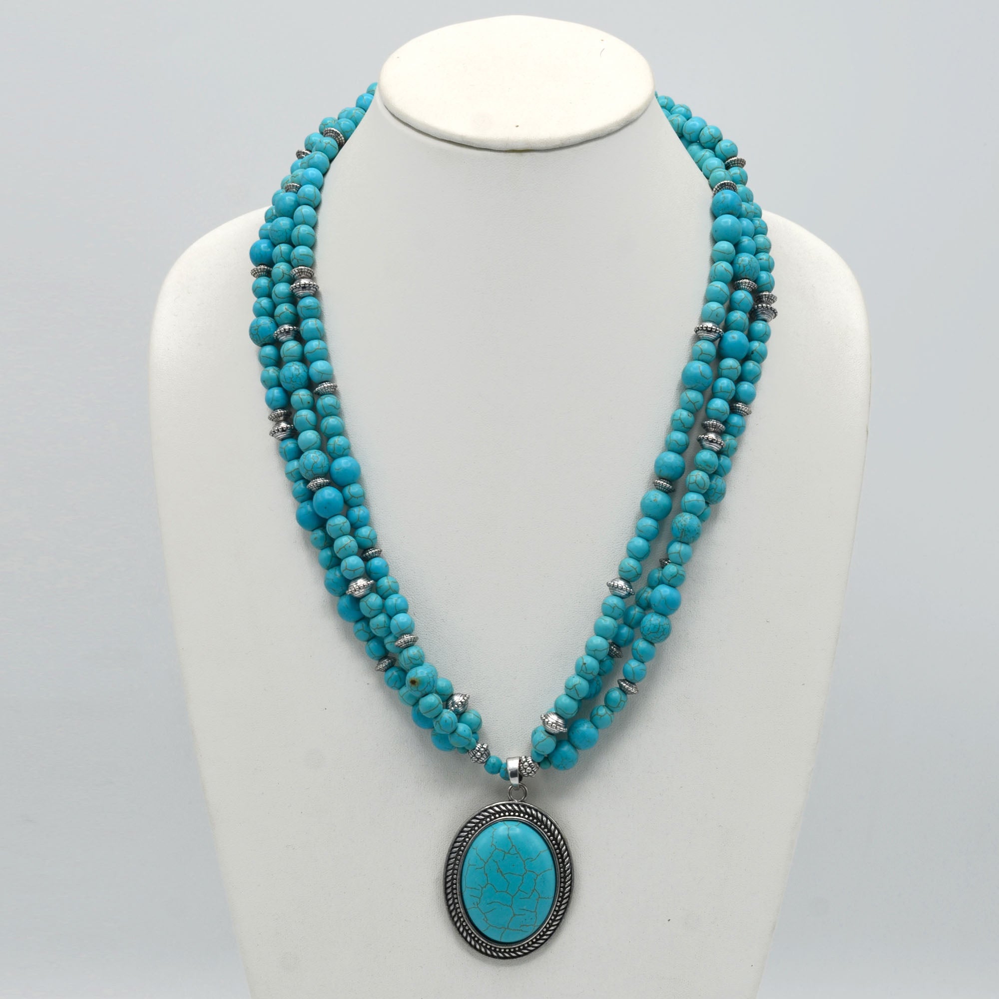 Antique Look Silver-Tone Multi-Strand Turquoise Beads And Oval Pendant Necklace #HNN88855-1 (LF22/DH4)