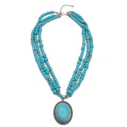 Antique Look Silver-Tone Multi-Strand Turquoise Beads And Oval Pendant Necklace #HNN88855-1 (LF22/DH4)
