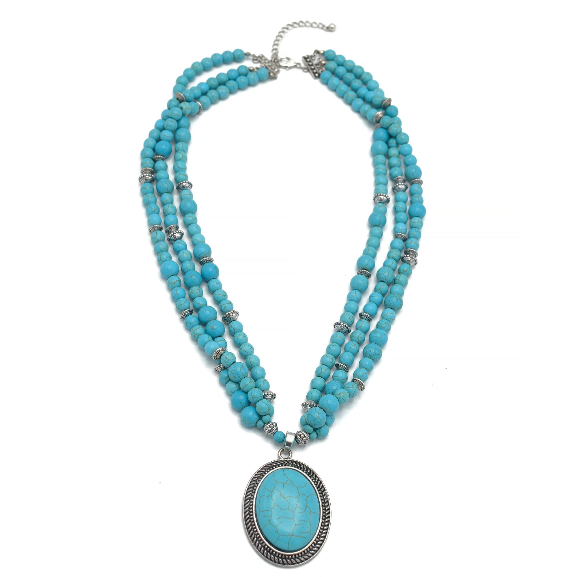 Antique Look Silver-Tone Multi-Strand Turquoise Beads And Oval Pendant Necklace #HNN88855-1 (LF22/DH4)