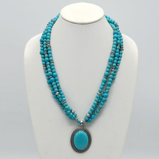 Antique Look Silver-Tone Multi-Strand Turquoise Beads And Oval Pendant Necklace #HNN88855-1 (LF22/DH4)