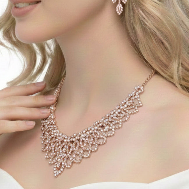 ROSE GOLD CRYSTAL CHOKER NECKLACE AND EARRINGS SET #SQ6027RG (IF6)
