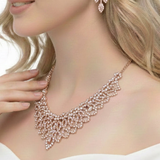 ROSE GOLD CRYSTAL CHOKER NECKLACE AND EARRINGS SET #SQ6027RG (IF6)