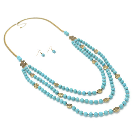 GOLD TONE METAL TURQUOISE BEADS EARRINGS AND NECKLACE #SQ321-173728GTRQ (AE21)