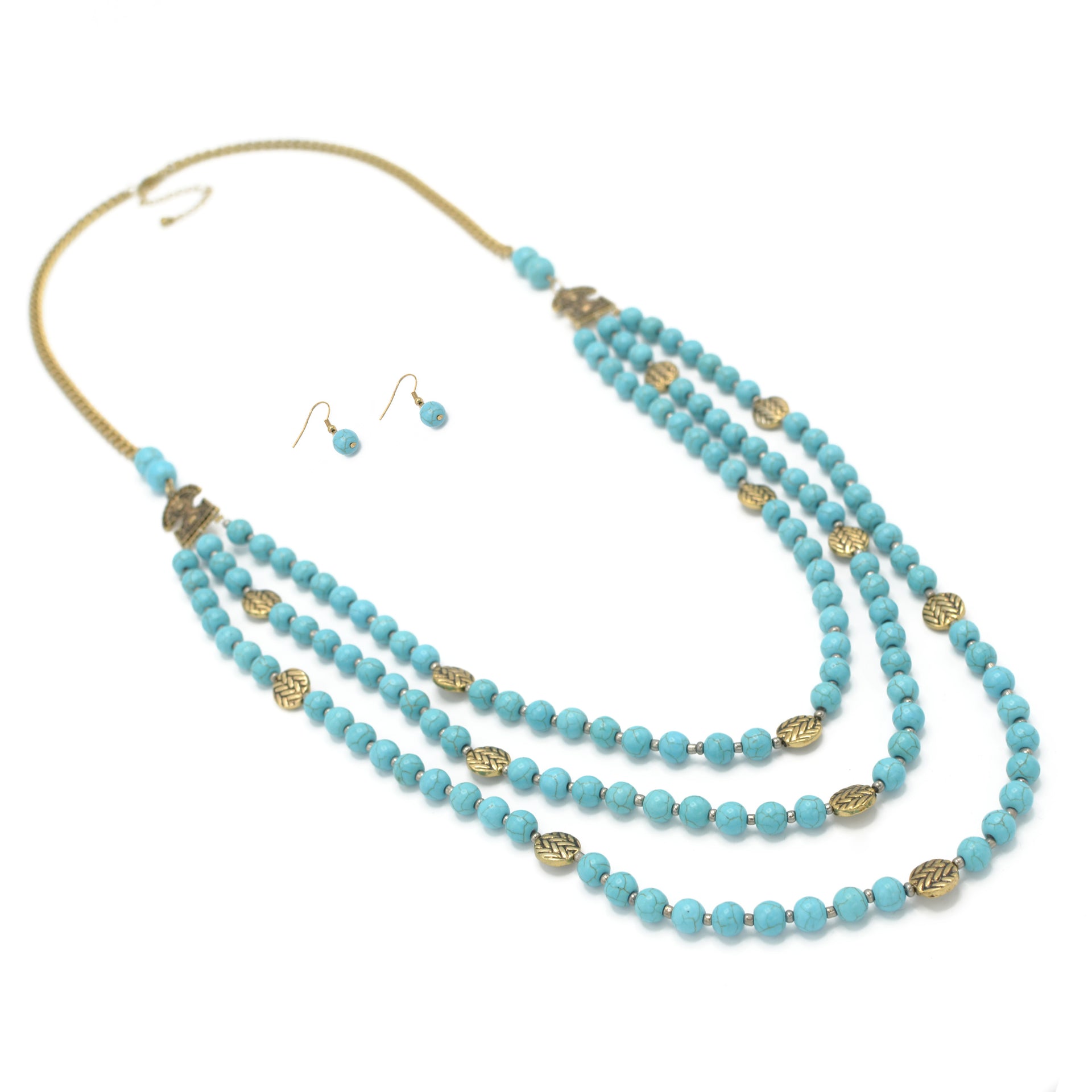 GOLD TONE METAL TURQUOISE BEADS EARRINGS AND NECKLACE #SQ321-173728GTRQ (AE21)