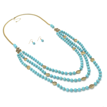 GOLD TONE METAL TURQUOISE BEADS EARRINGS AND NECKLACE #SQ321-173728GTRQ (AE21)