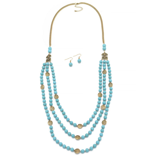 GOLD TONE METAL TURQUOISE BEADS EARRINGS AND NECKLACE #SQ321-173728GTRQ (AE21)