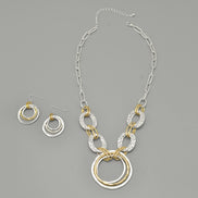 Two-Tone Gold And Silver Hammered Linked chain Necklace and Earrings Set#HNN+E88652-1TWO(DE5)