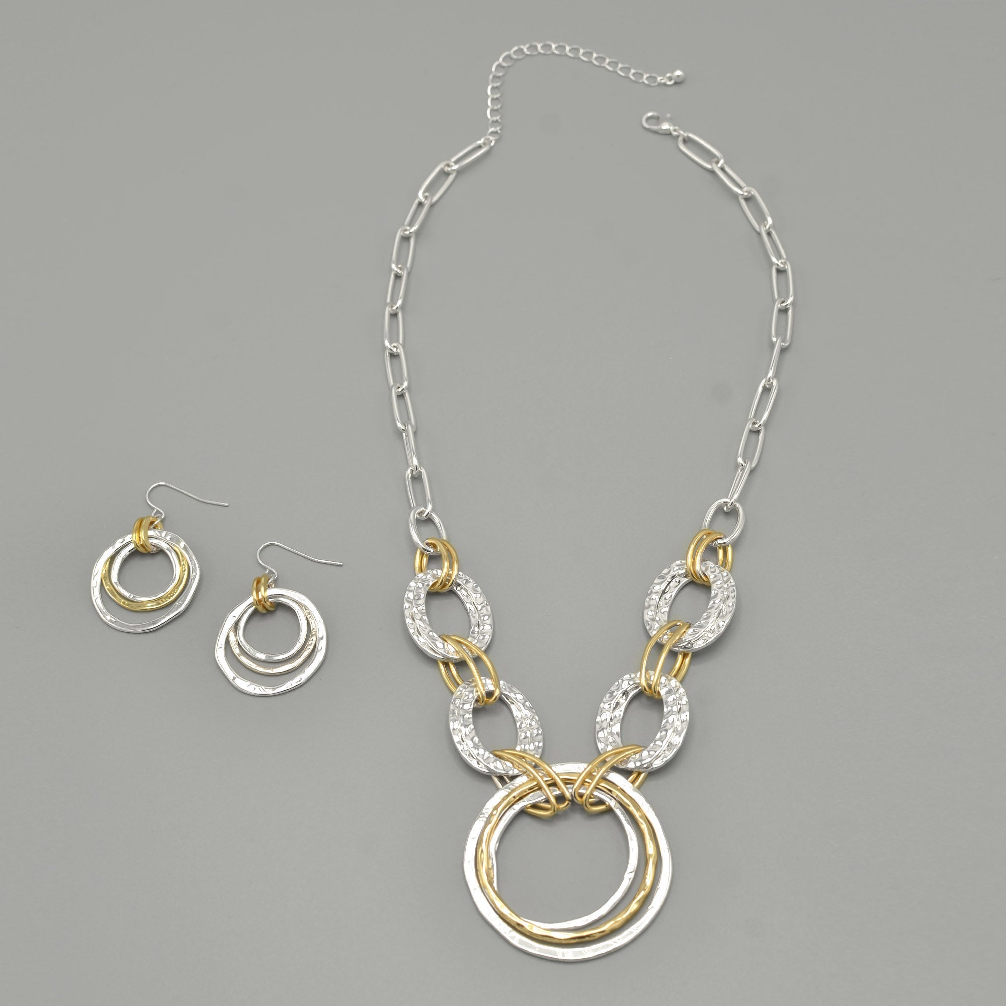 Two-Tone Gold And Silver Hammered Linked chain Necklace and Earrings Set#HNN+E88652-1TWO(DE5)