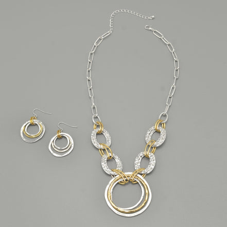 Two-Tone Gold And Silver Hammered Linked chain Necklace and Earrings Set#HNN+E88652-1TWO(DE5)
