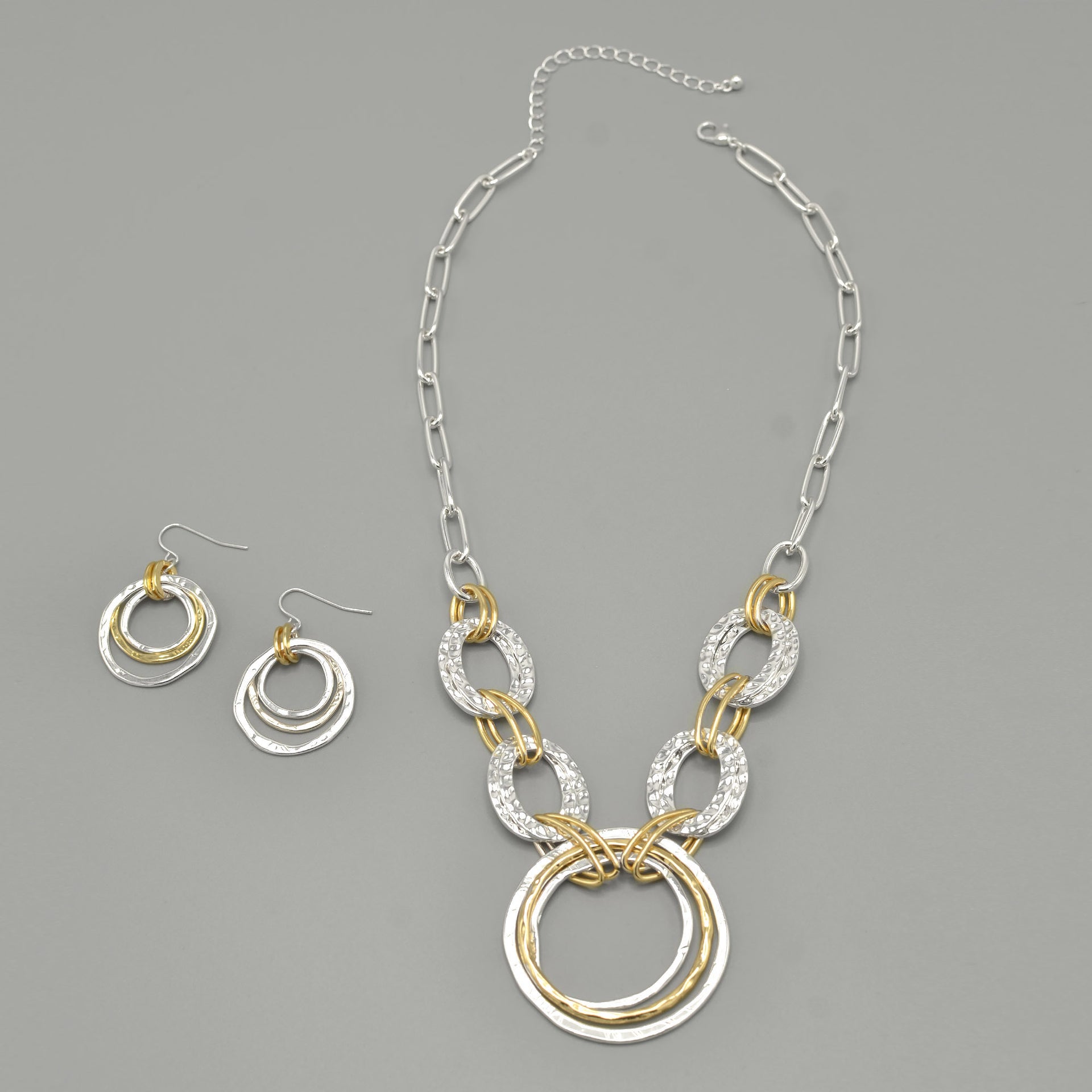 Two-Tone Gold And Silver Hammered Linked chain Necklace and Earrings Set#HNN+E88652-1TWO(DE5)