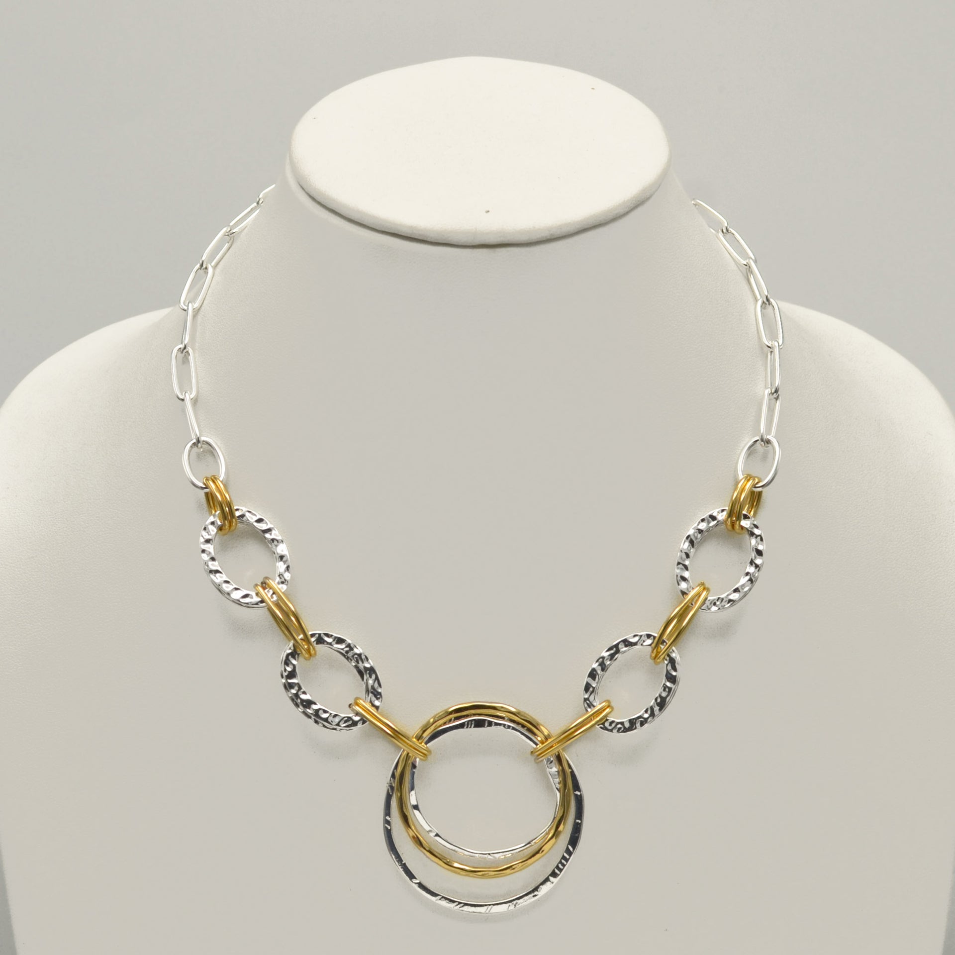 Two-Tone Gold And Silver Hammered Linked chain Necklace and Earrings Set#HNN+E88652-1TWO(DE5)