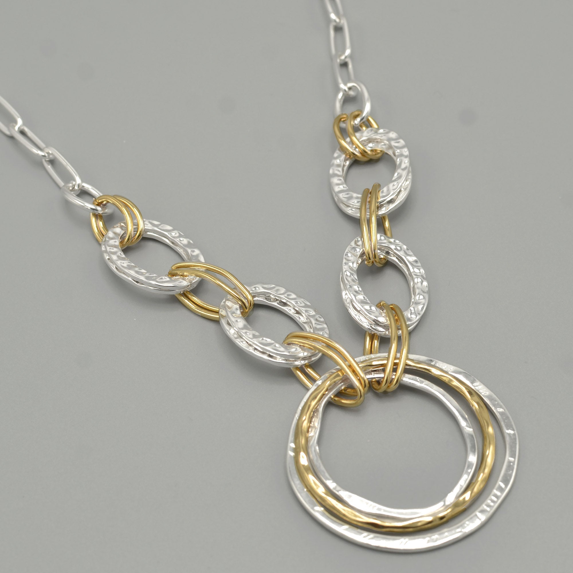 Two-Tone Gold And Silver Hammered Linked chain Necklace and Earrings Set#HNN+E88652-1TWO(DE5)
