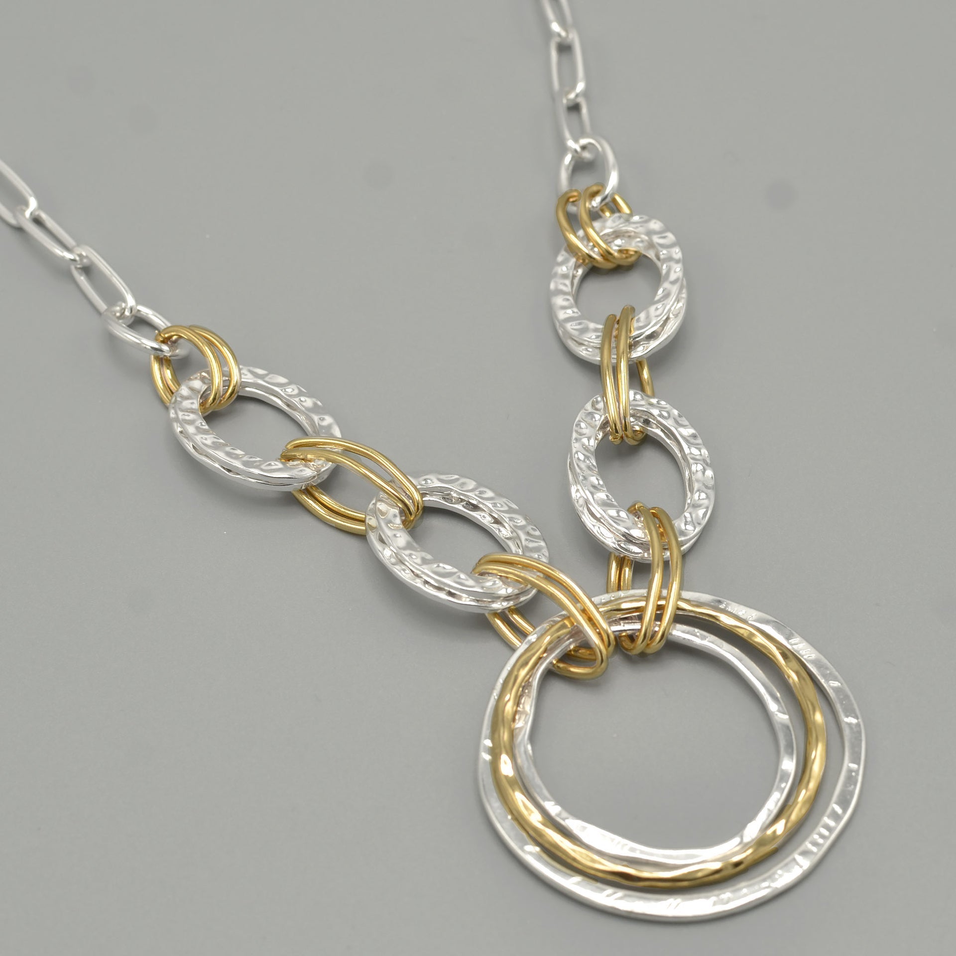 Two-Tone Gold And Silver Hammered Linked chain Necklace and Earrings Set#HNN+E88652-1TWO(DE5)