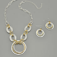 Two-Tone Gold And Silver Hammered Linked chain Necklace and Earrings Set#HNN+E88652-1TWO(DE5)