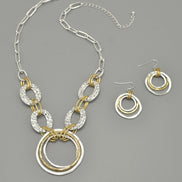 Two-Tone Gold And Silver Hammered Linked chain Necklace and Earrings Set#HNN+E88652-1TWO(DE5)