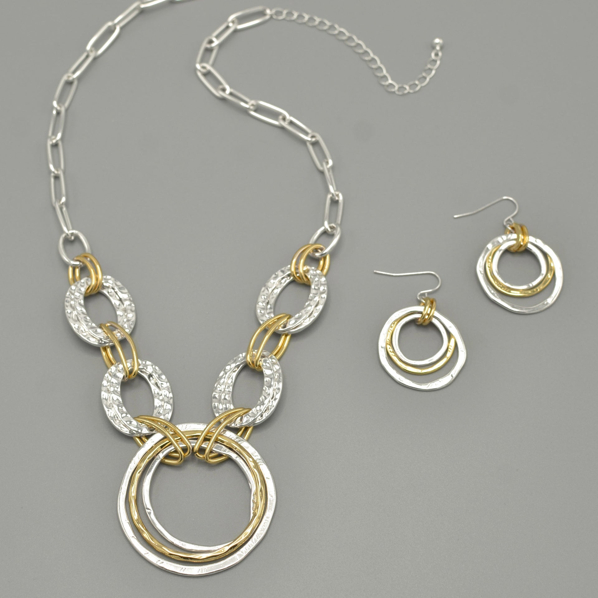 Two-Tone Gold And Silver Hammered Linked chain Necklace and Earrings Set#HNN+E88652-1TWO(DE5)