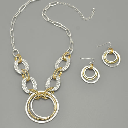 Two-Tone Gold And Silver Hammered Linked chain Necklace and Earrings Set#HNN+E88652-1TWO(DE5)