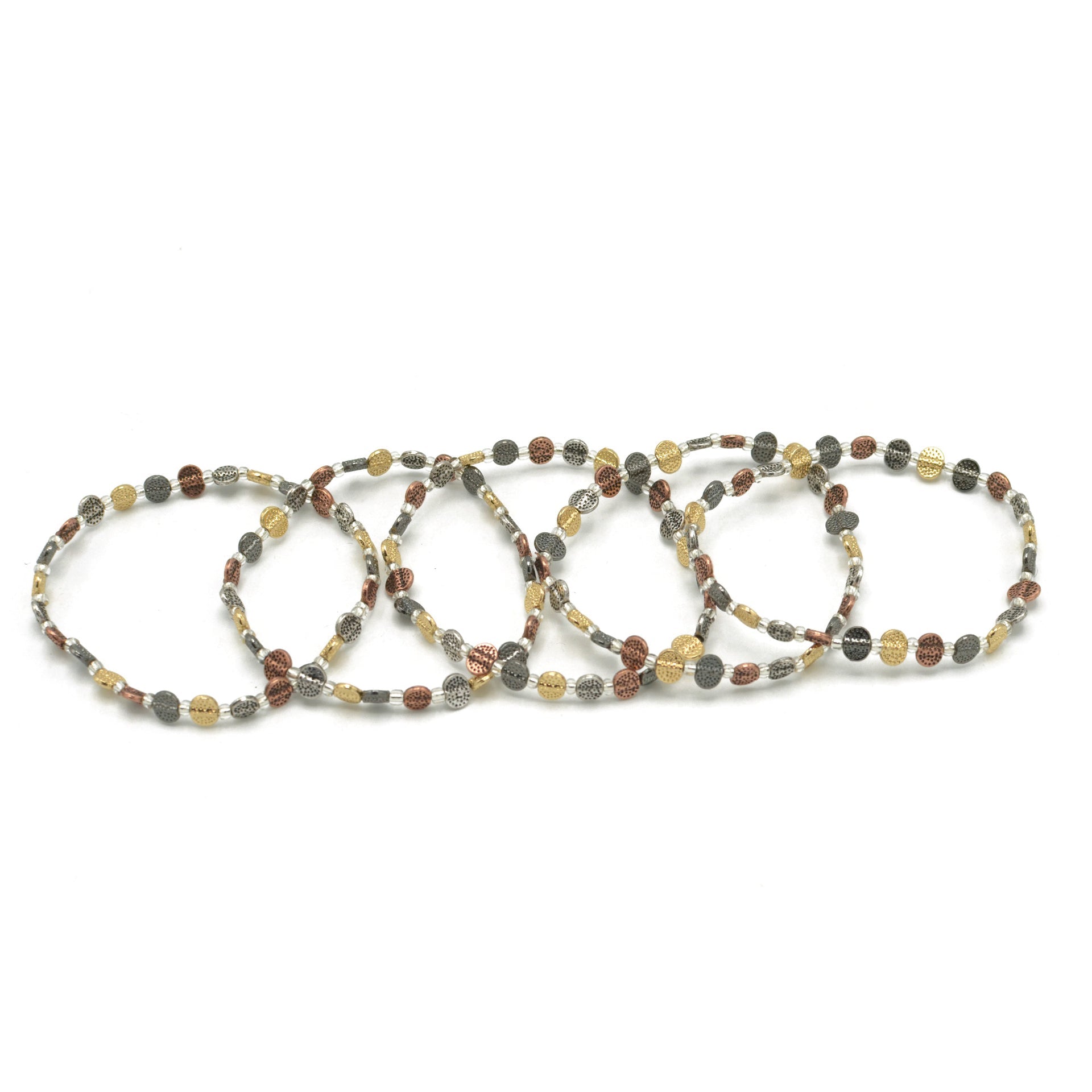 3TONE HAMMERED METAL BEAD MEMORY WIRE STRETCH BRACELET #HNB89049TR