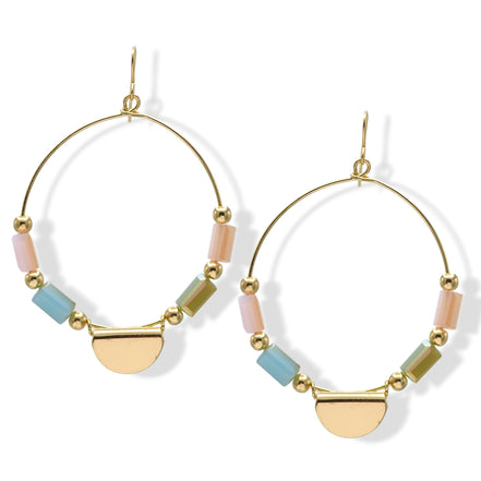 Gold Hoop Earrings with Pastel Beads and Half-Moon Charm2.5" #SQFY1045-ASSORTED
