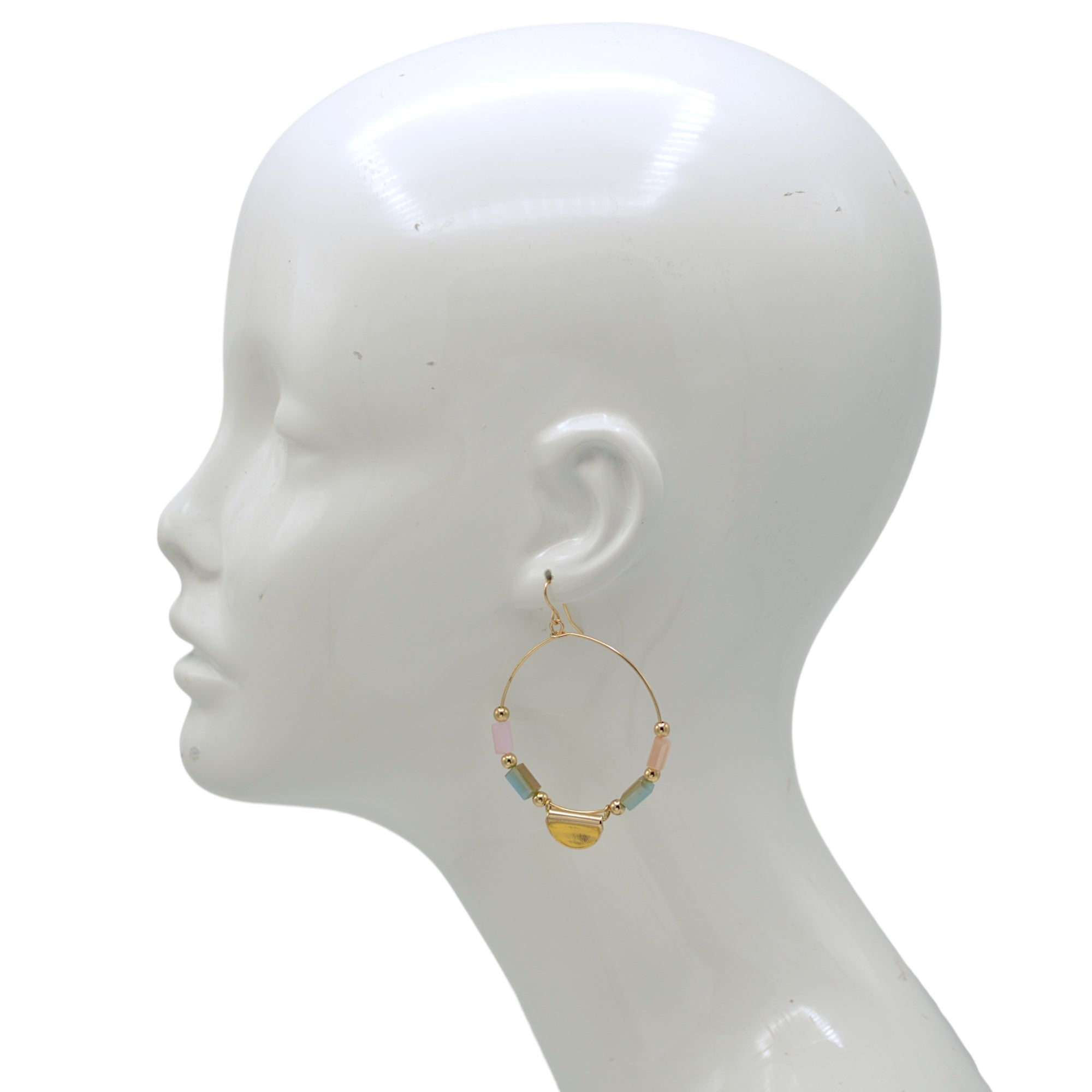 Gold Hoop Earrings with Pastel Beads and Half-Moon Charm2.5