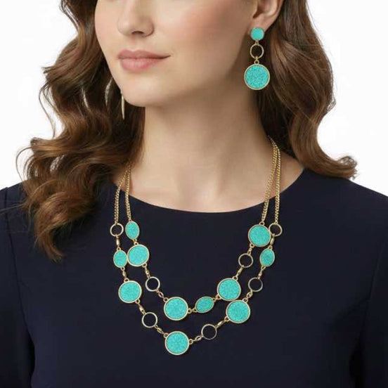 Azure Horizon: Elegant Turquoise & Gold-Tone Necklace and earrings Statement Set #SQ4575TURQ (IA6/XC7-8)