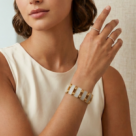 Women's Gold-Tone Wide Stretch Bracelet | Sparkling Pavé-Style Bar & Bead Elastic Cuff Bracelet | Elegant Fashion Jewelry #SQ321B-554 (NF17)