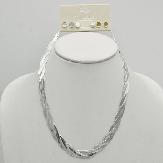 SILVER  3 ROW SNAKE CHAIN NECKLACE AND SET OF THREE 6MM SILVER AND GOLD DRUZY EARRINGS SET #SQ554-3568JJ-S (SC17)
