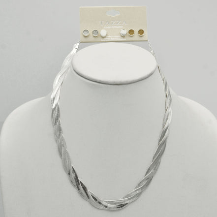SILVER  3 ROW SNAKE CHAIN NECKLACE AND SET OF THREE 6MM SILVER AND GOLD DRUZY EARRINGS SET #SQ554-3568JJ-S (SC17)