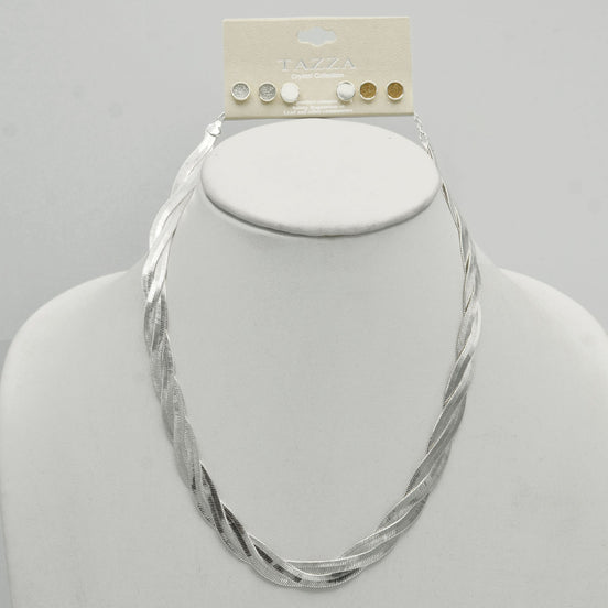 SILVER  3 ROW SNAKE CHAIN NECKLACE AND SET OF THREE 6MM SILVER AND GOLD DRUZY EARRINGS SET #SQ554-3568JJ-S (SC17)