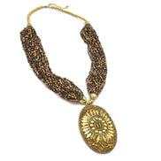 GOLD BROWN PENDANT RESIN BRASS & SEED BEAD LAYERED NECKLACE#FWNK-1703-174-OVL (RF13)