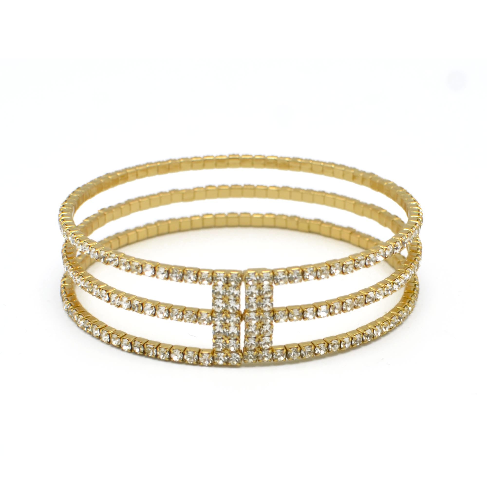GOLD RHINESTONE CRYSTAL 3 ROW MEMORY COIL WIRE BRACELET #83358CR-G