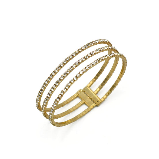 GOLD RHINESTONE CRYSTAL 3 ROW MEMORY COIL WIRE BRACELET #83358CR-G