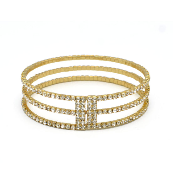 GOLD RHINESTONE CRYSTAL 3 ROW MEMORY COIL WIRE BRACELET #83358CR-G