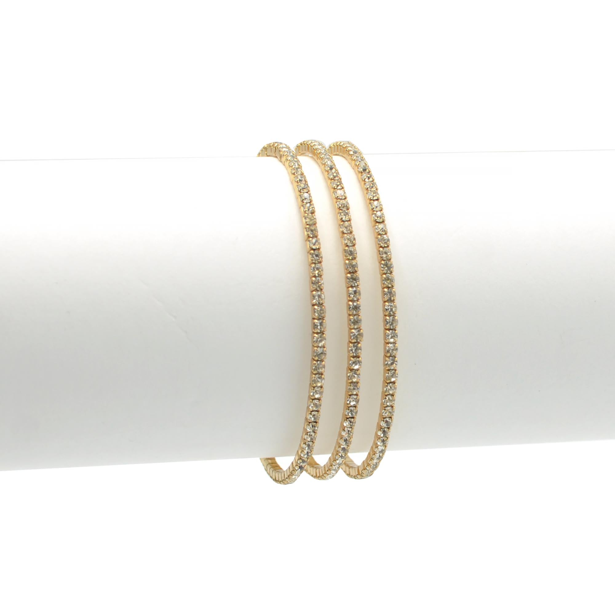 GOLD RHINESTONE CRYSTAL 3 ROW MEMORY COIL WIRE BRACELET #83358CR-G