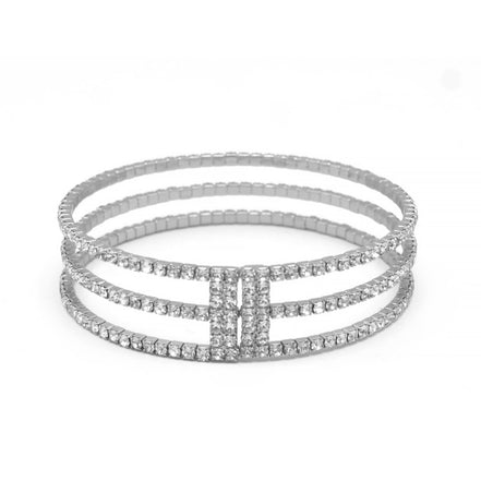 SILVER RHINESTONE CRYSTAL 3 ROW MEMORY COIL WIRE BRACELET#83358CR-S
