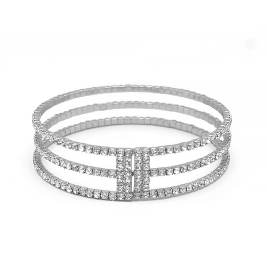 SILVER RHINESTONE CRYSTAL 3 ROW MEMORY COIL WIRE BRACELET#83358CR-S