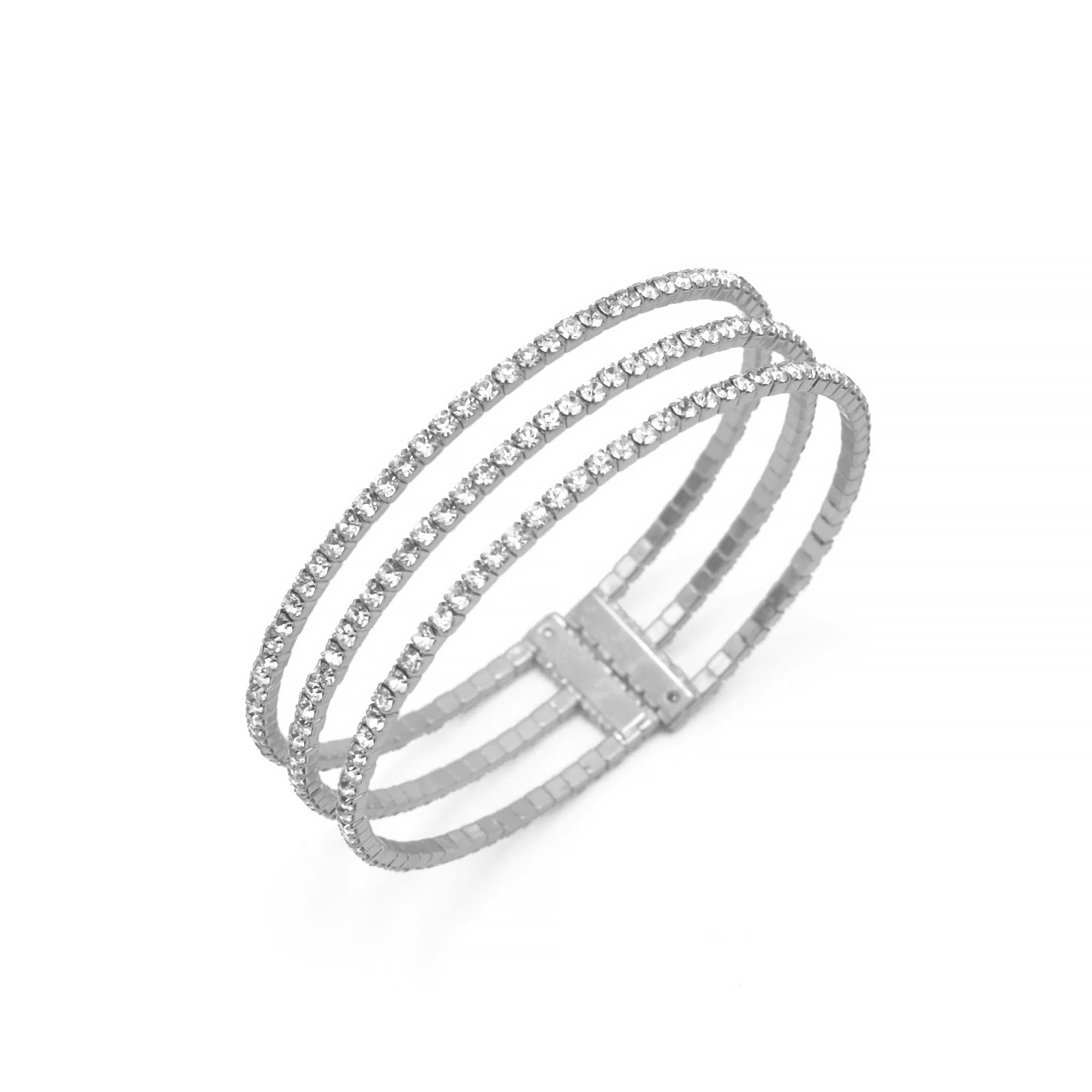 SILVER RHINESTONE CRYSTAL 3 ROW MEMORY COIL WIRE BRACELET#83358CR-S