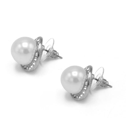 SILVER CREAM PEARL CRYSTAL STUD EARRING #SQ121910S(GC2)