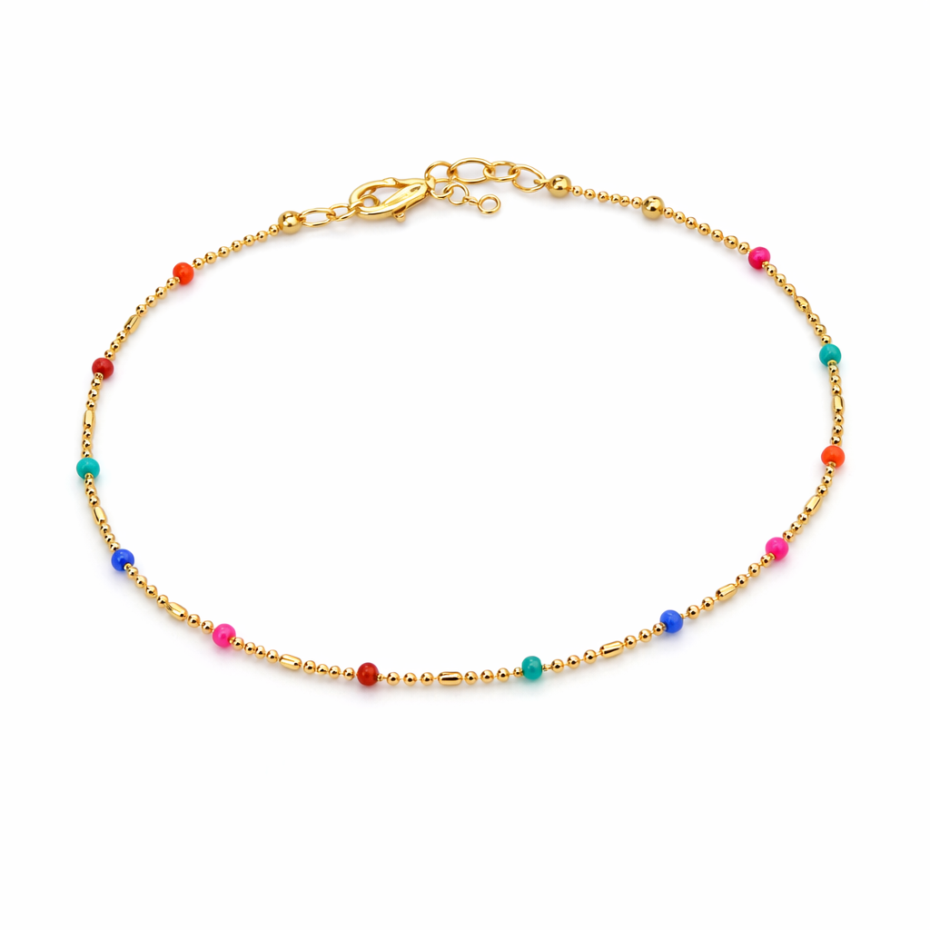 Delicate Gold Beaded Anklet With Multi color Accent Beads – Minimalist Adjustable Chain Anklet#HNA89613GDMT(TG22)