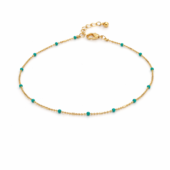 Delicate Gold Beaded Anklet with Turquoise Accent Beads – Minimalist Adjustable Chain Anklet#HNA89613GDEM(TG22)
