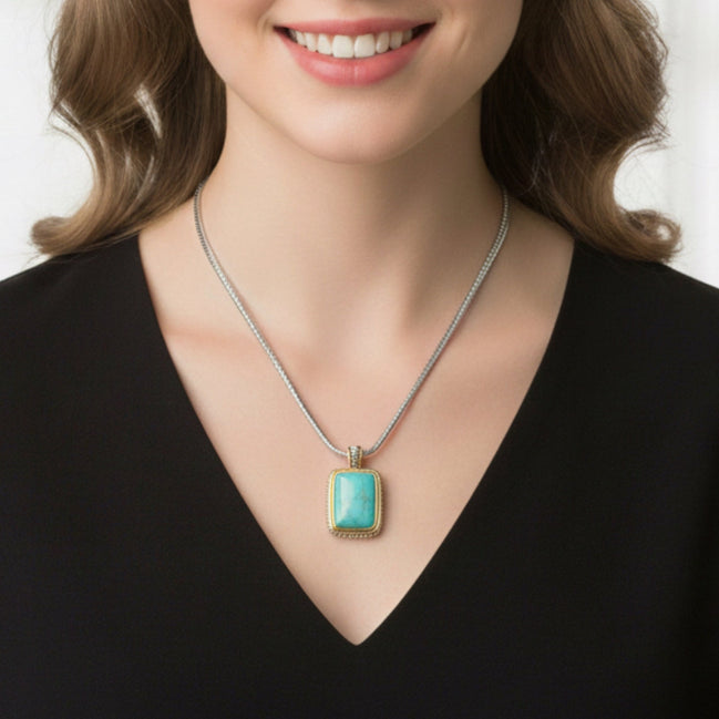 TWO TONE TURQUOISE ENGRAVED PENDANT NECKLACE #12504EH-TRQ (FB17)