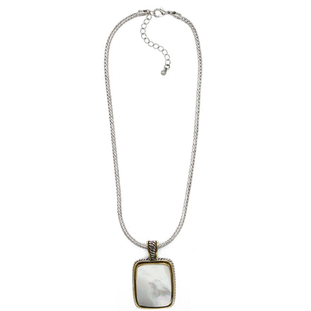 TWO TONE MOTHER OF PEARL ENGRAVED PENDANT SILVER CHAIN NECKLACE #12505EH-MOP (FD6)