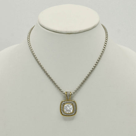 TWO-TONE CLEAR CRYSTAL SQUARE PENDANT BOX CHAIN NECKLACE #73014EH-CL(FE11)