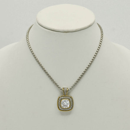 TWO-TONE CLEAR CRYSTAL SQUARE PENDANT BOX CHAIN NECKLACE #73014EH-CL(FE11)