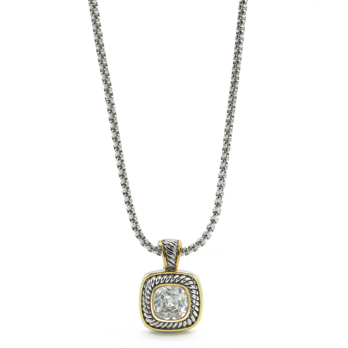 TWO-TONE CLEAR CRYSTAL SQUARE PENDANT BOX CHAIN NECKLACE #73014EH-CL(FE11)